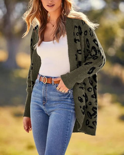 Women's Leopard Print Long Sleeve Cardigan Sweater with Pockets