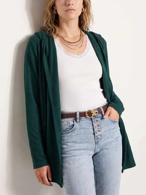 Drawstring Hooded Open Front Long Sleeve Cardigan