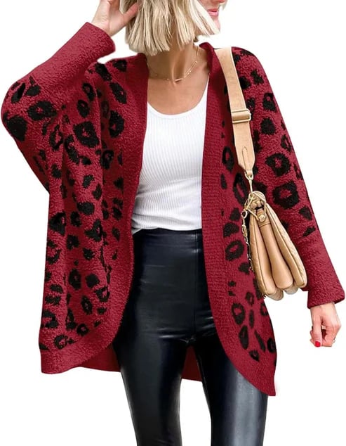 Women's Leopard Print Long Sleeve Cardigan Sweater with Pockets