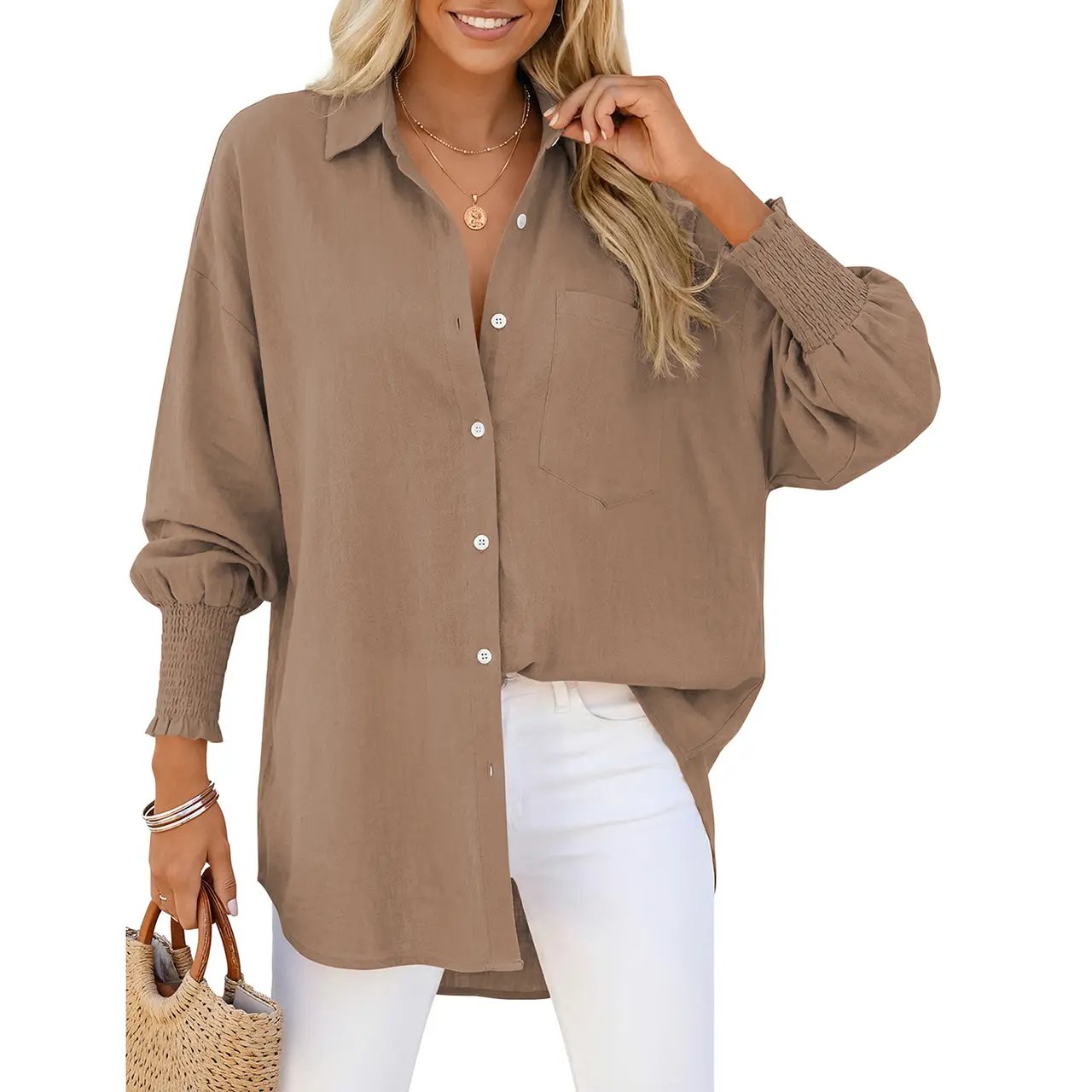 Women Linen Shirt Smocked Cuffed Casual Collar Long Sleeve Oversized Button Down Blouse Tops Boyfriend Shirt Basic Vintage Top