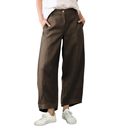 Women's Casual Baggy Linen Blend Pants, High Waisted Pull On Wide Leg Style with Pockets for Summer, Bottom, Cotton, Zip
