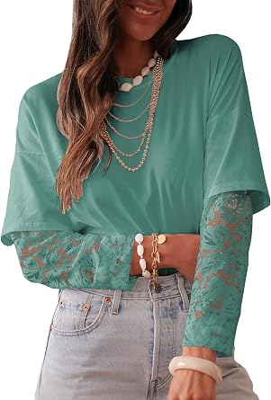 Women Long Sleeve Lace Patchwork Crew Neck Casual Tops