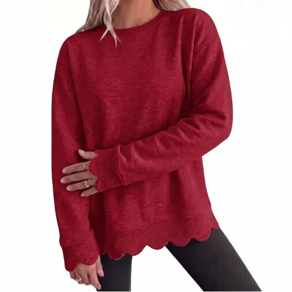 Women's Heather Crew Neck Oversized Sweatshirt, Wavy Scallop Hem & Cuff Long Sleeve Loose Casual Fall Layering Pullover Top