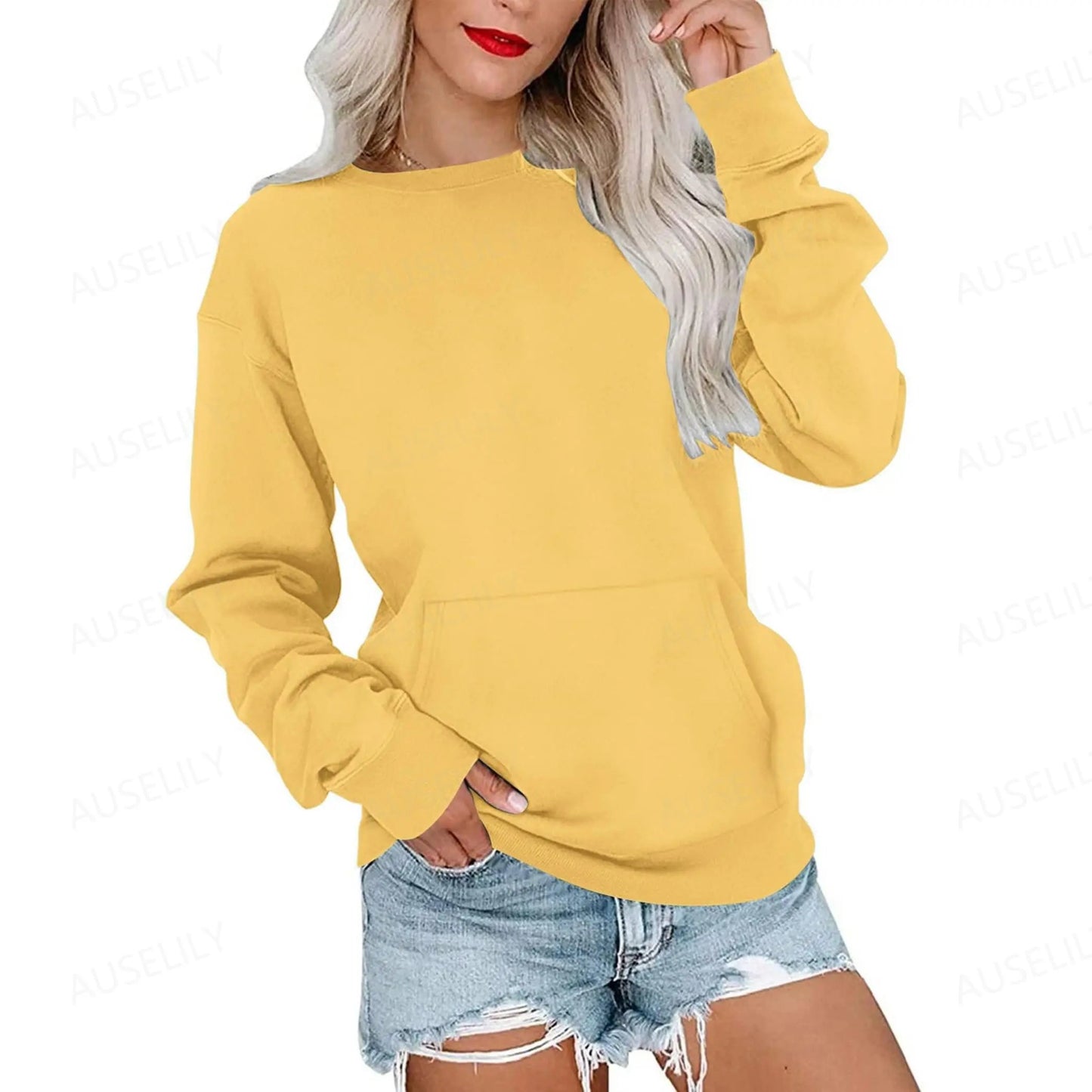 Women's Crewneck Hoodless Sweatshirt With Kangaroo Pocket Fleece Longsleeve Oversized Casual Style Shirt Lightweight Pullover 2026