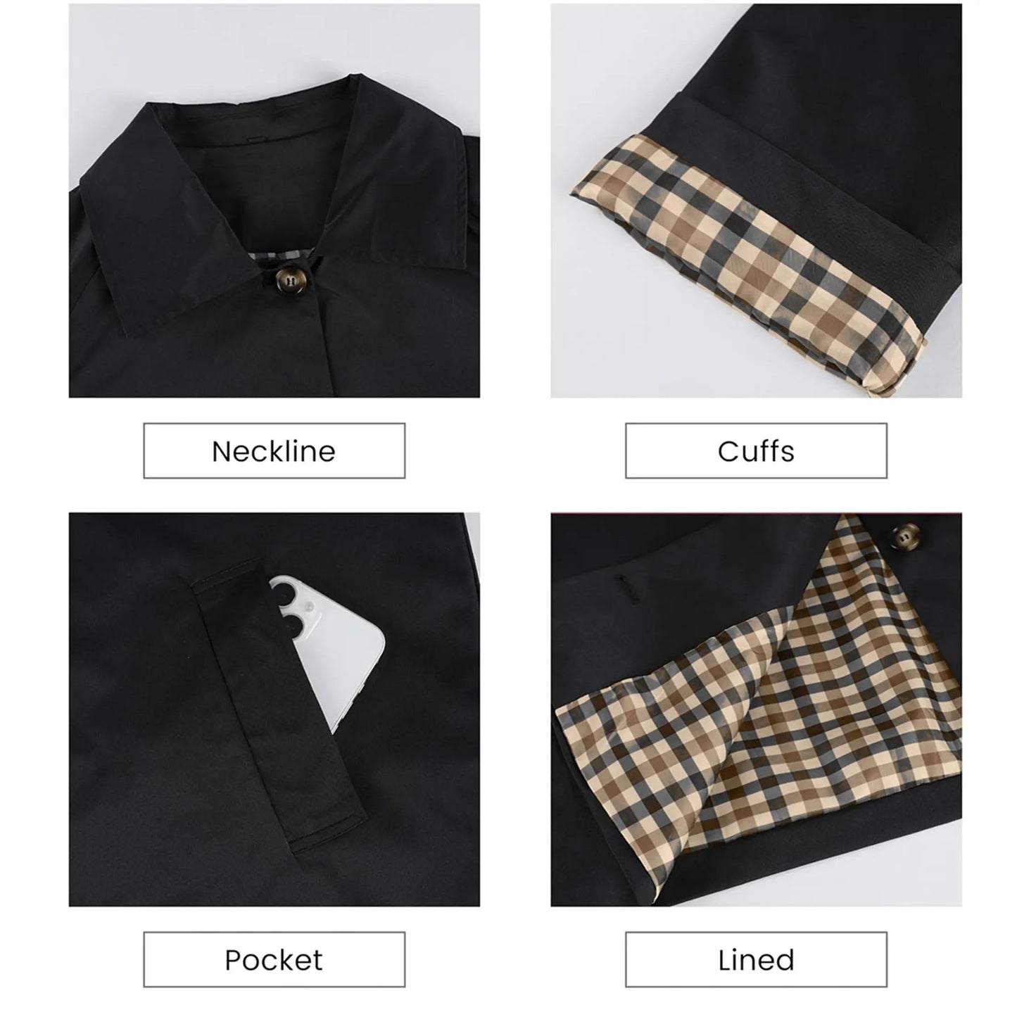 Womens Cropped Trench Coat Classic Collar Oversized Casual Jackets with Checkered Lining