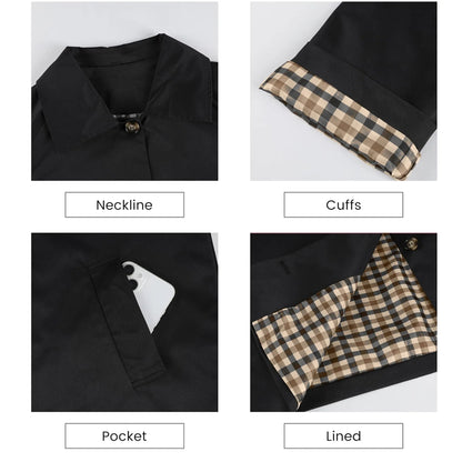 Womens Cropped Trench Coat Classic Collar Oversized Casual Jackets with Checkered Lining