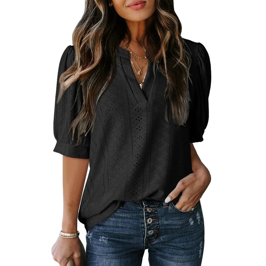 🏆Hot Sale 49% OFF🔥Women's Summer Casual Blouses V Neck Short Sleeve Shirts Hollow Out Cute Tops Loose Fit Breathable Fabric