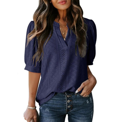 🏆Hot Sale 49% OFF🔥Women's Summer Casual Blouses V Neck Short Sleeve Shirts Hollow Out Cute Tops Loose Fit Breathable Fabric