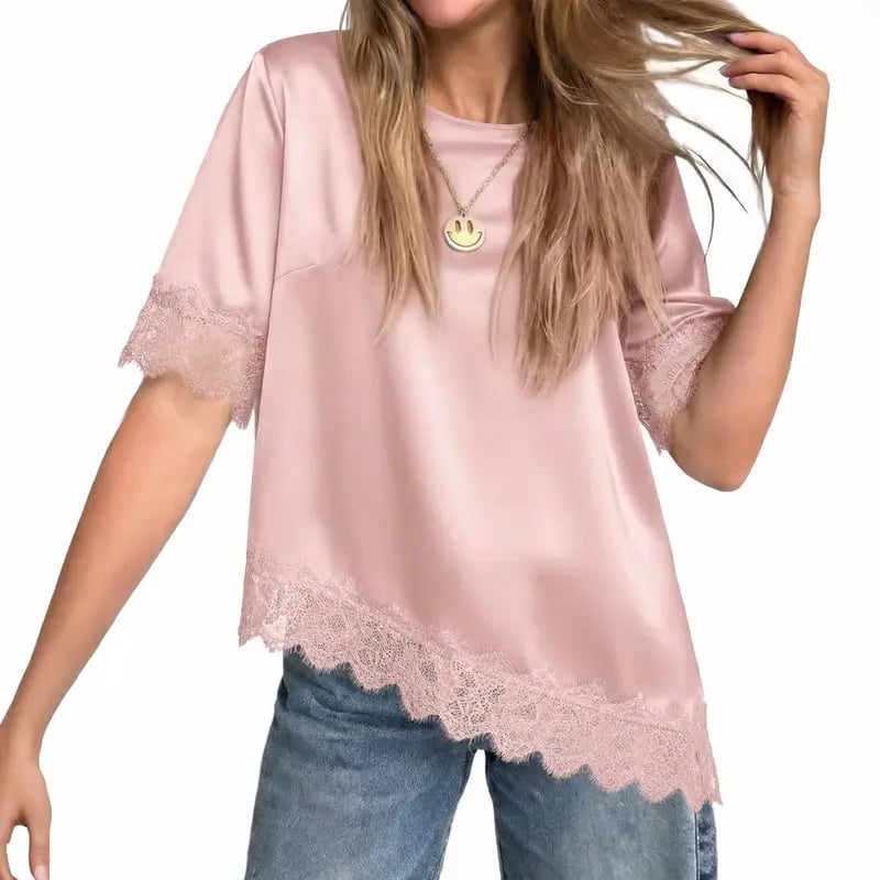 Tankaneo Women's Satin-Silk Short-Sleeve Shirt – Loose-Fit Lace-Panel Top with Asymmetric Cut; Ideal for Stylish, Casual Summer Wear.