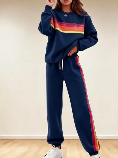 Women's 2-Piece Boxy Retro Rainbow Stripe Crewneck Sweat Set - Long Sleeve Shirt, Fitted Track Pants, Casual Activewear, Machine Washable Lounge Athleisure Chic Outfit