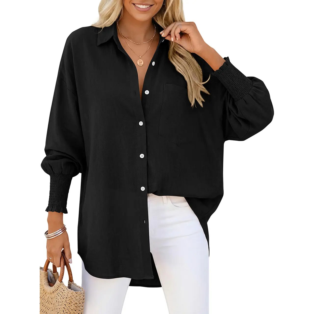Women Linen Shirt Smocked Cuffed Casual Collar Long Sleeve Oversized Button Down Blouse Tops Boyfriend Shirt Basic Vintage Top