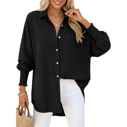 Women Linen Shirt Smocked Cuffed Casual Collar Long Sleeve Oversized Button Down Blouse Tops Boyfriend Shirt Basic Vintage Top