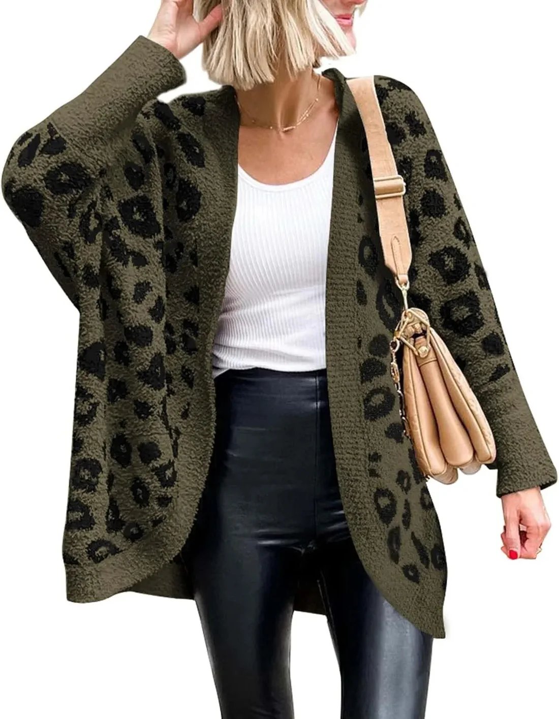 Women's Leopard Print Long Sleeve Cardigan Sweater with Pockets