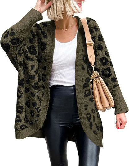 Women's Leopard Print Long Sleeve Cardigan Sweater with Pockets