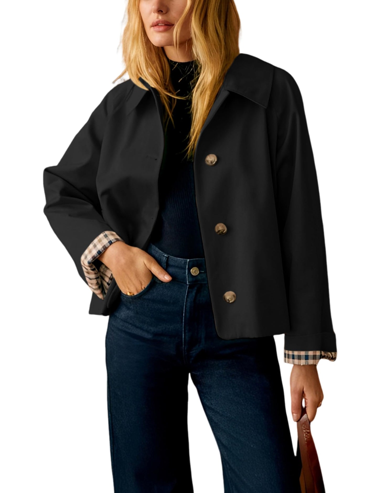 Womens Cropped Trench Coat Classic Collar Oversized Casual Jackets with Checkered Lining