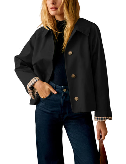 Womens Cropped Trench Coat Classic Collar Oversized Casual Jackets with Checkered Lining