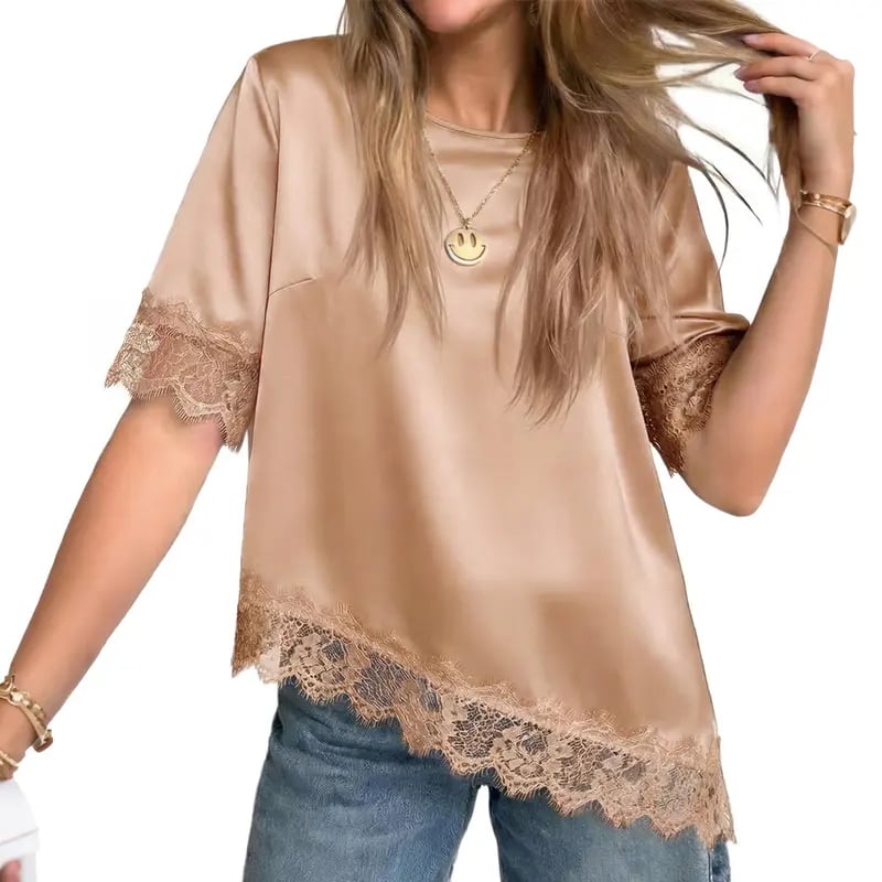 Tankaneo Women's Satin-Silk Short-Sleeve Shirt – Loose-Fit Lace-Panel Top with Asymmetric Cut; Ideal for Stylish, Casual Summer Wear.