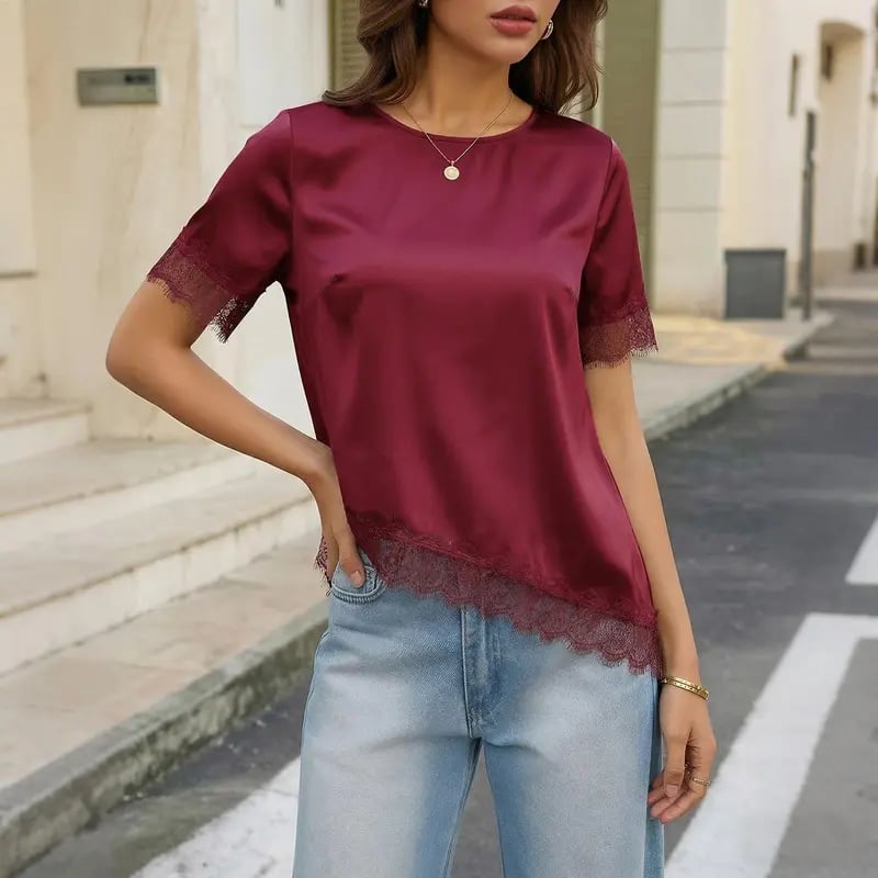 Tankaneo Women's Satin-Silk Short-Sleeve Shirt – Loose-Fit Lace-Panel Top with Asymmetric Cut; Ideal for Stylish, Casual Summer Wear.