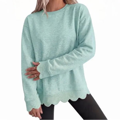 Women's Heather Crew Neck Oversized Sweatshirt, Wavy Scallop Hem & Cuff Long Sleeve Loose Casual Fall Layering Pullover Top