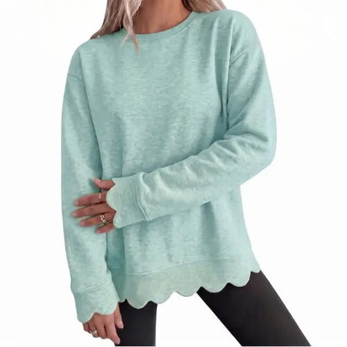 Women's Heather Crew Neck Oversized Sweatshirt, Wavy Scallop Hem & Cuff Long Sleeve Loose Casual Fall Layering Pullover Top