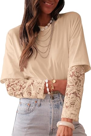 Women Long Sleeve Lace Patchwork Crew Neck Casual Tops
