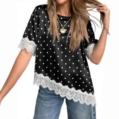 Tankaneo Women's Satin-Silk Short-Sleeve Shirt – Loose-Fit Lace-Panel Top with Asymmetric Cut; Ideal for Stylish, Casual Summer Wear.