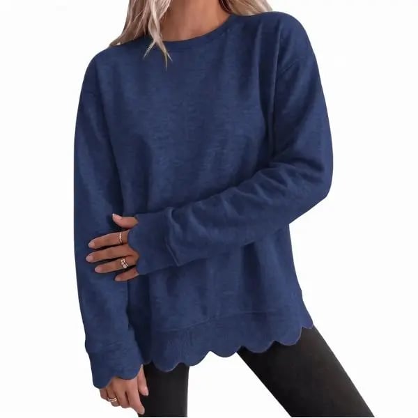 Women's Heather Crew Neck Oversized Sweatshirt, Wavy Scallop Hem & Cuff Long Sleeve Loose Casual Fall Layering Pullover Top
