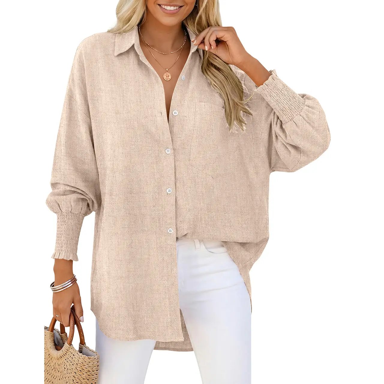 Women Linen Shirt Smocked Cuffed Casual Collar Long Sleeve Oversized Button Down Blouse Tops Boyfriend Shirt Basic Vintage Top