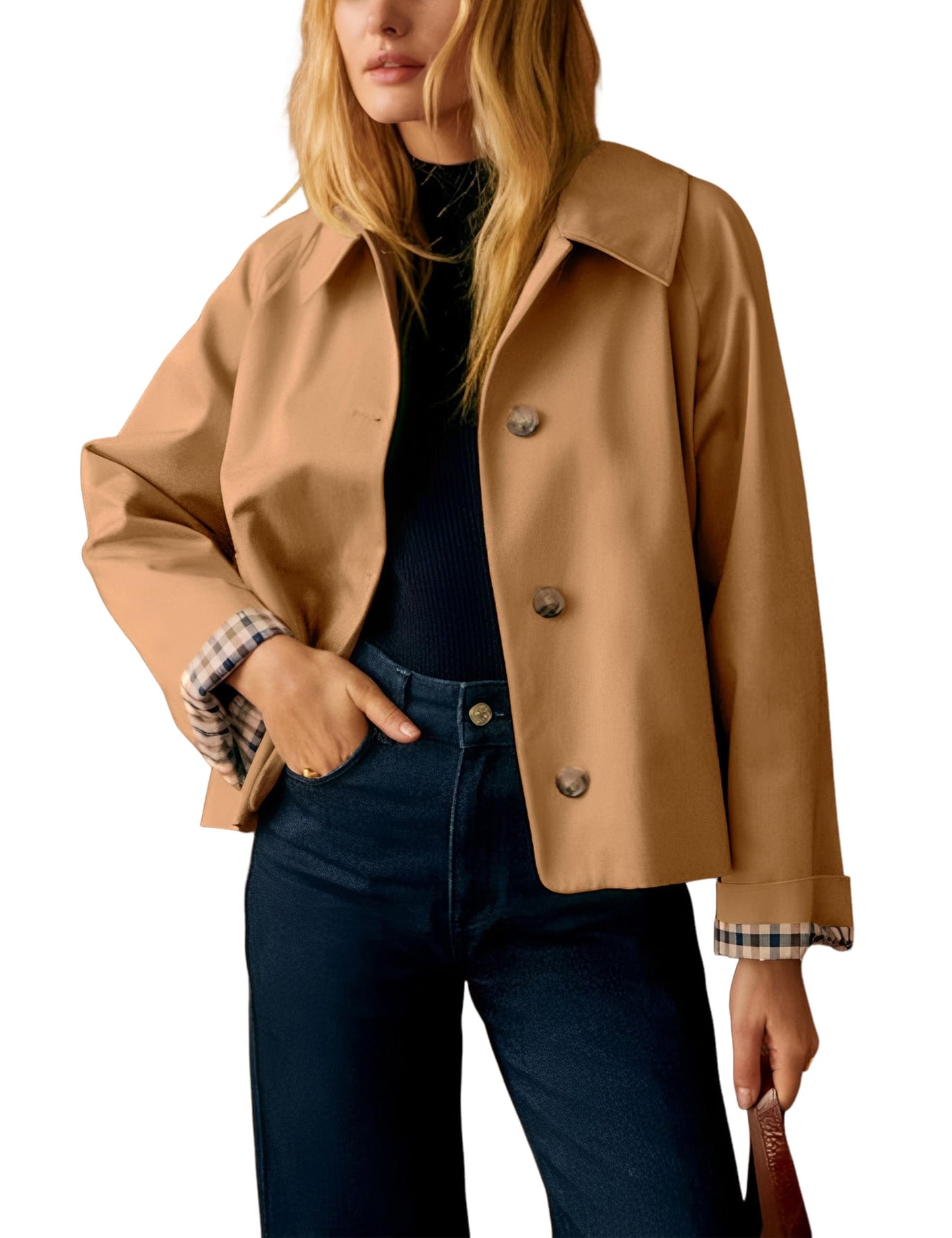 Womens Cropped Trench Coat Classic Collar Oversized Casual Jackets with Checkered Lining