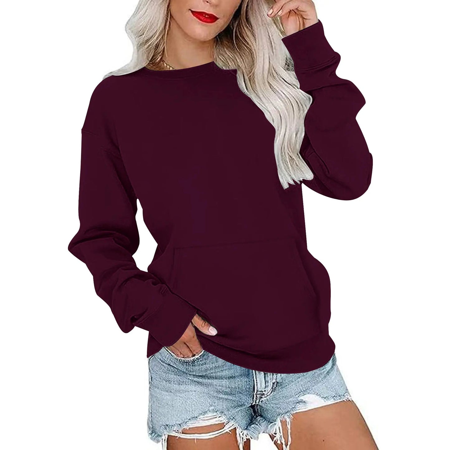 Women's Crewneck Hoodless Sweatshirt With Kangaroo Pocket Fleece Longsleeve Oversized Casual Style Shirt Lightweight Pullover 2026