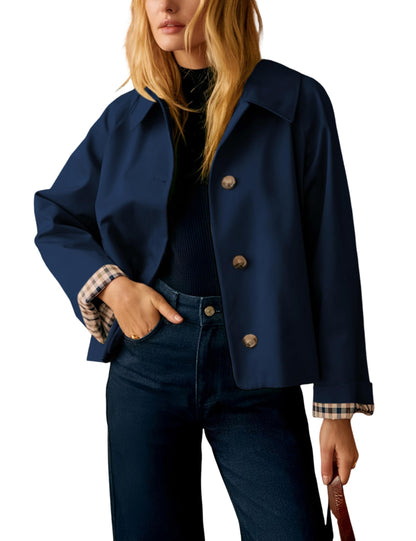 Womens Cropped Trench Coat Classic Collar Oversized Casual Jackets with Checkered Lining