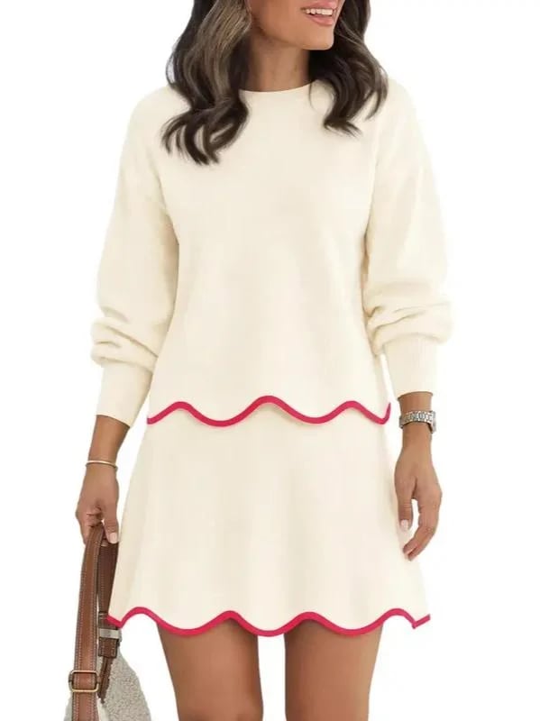 Women Puff Long Sleeve Crewneck Top Scalloped Mini Skirt 2 Piece Knit Set