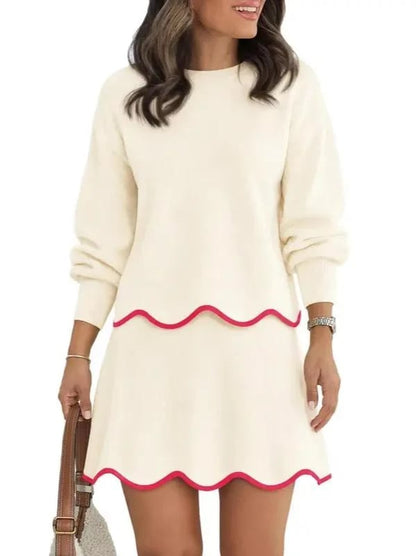 Women Puff Long Sleeve Crewneck Top Scalloped Mini Skirt 2 Piece Knit Set
