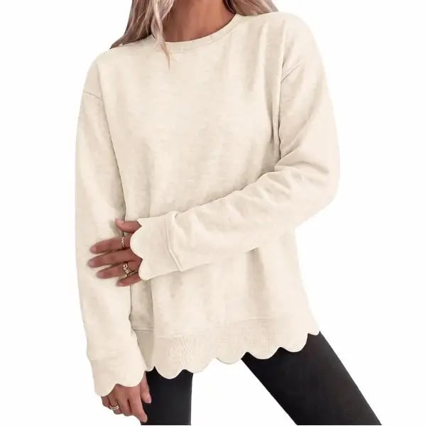 Women's Heather Crew Neck Oversized Sweatshirt, Wavy Scallop Hem & Cuff Long Sleeve Loose Casual Fall Layering Pullover Top