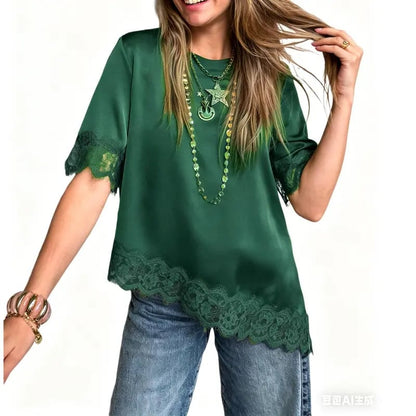 Tankaneo Women's Satin-Silk Short-Sleeve Shirt – Loose-Fit Lace-Panel Top with Asymmetric Cut; Ideal for Stylish, Casual Summer Wear.