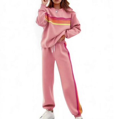 Women's 2-Piece Boxy Retro Rainbow Stripe Crewneck Sweat Set - Long Sleeve Shirt, Fitted Track Pants, Casual Activewear, Machine Washable Lounge Athleisure Chic Outfit