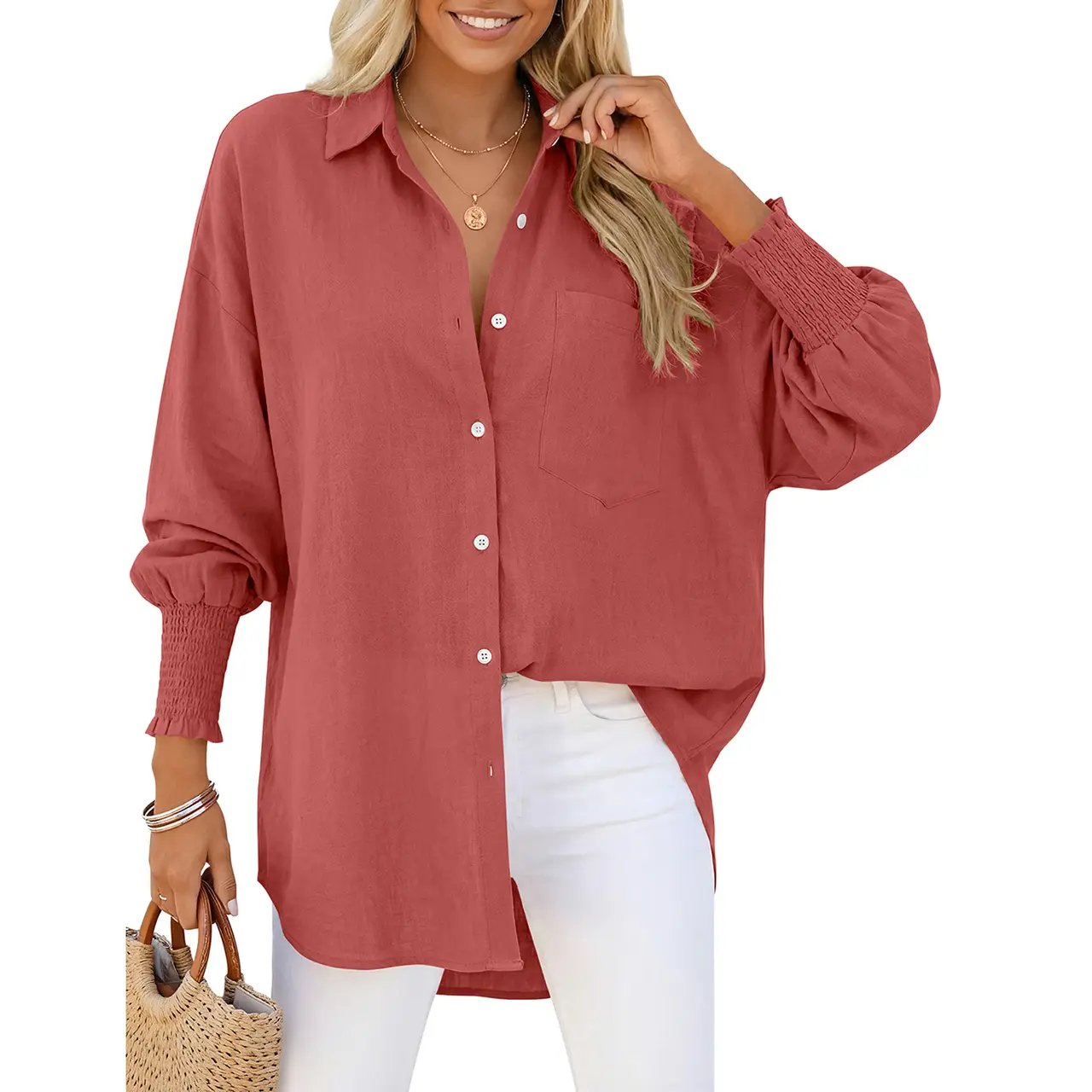 Women Linen Shirt Smocked Cuffed Casual Collar Long Sleeve Oversized Button Down Blouse Tops Boyfriend Shirt Basic Vintage Top
