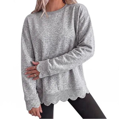 Women's Heather Crew Neck Oversized Sweatshirt, Wavy Scallop Hem & Cuff Long Sleeve Loose Casual Fall Layering Pullover Top