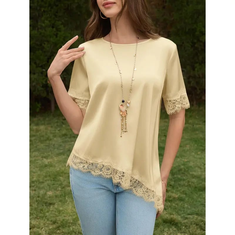 Tankaneo Women's Satin-Silk Short-Sleeve Shirt – Loose-Fit Lace-Panel Top with Asymmetric Cut; Ideal for Stylish, Casual Summer Wear.